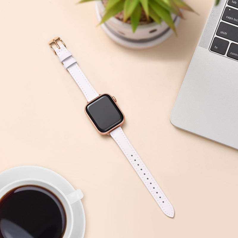 STIROLL Slim Leather Bands Compatible with Apple Watch Band 38mm 40mm 41mm 42mm(Series 11 10), Top Grain Leather Watch Thin Wristband for iWatch SE 9 8 7 6 5 4 3 2 1 (White Rose Gold) - Image 4
